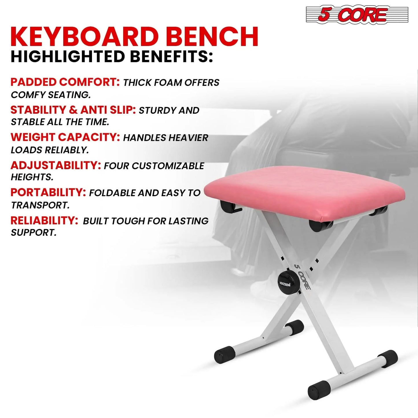 5 Core Keyboard Bench X Style Piano Stool Padded Adjustable Keyboards Chair